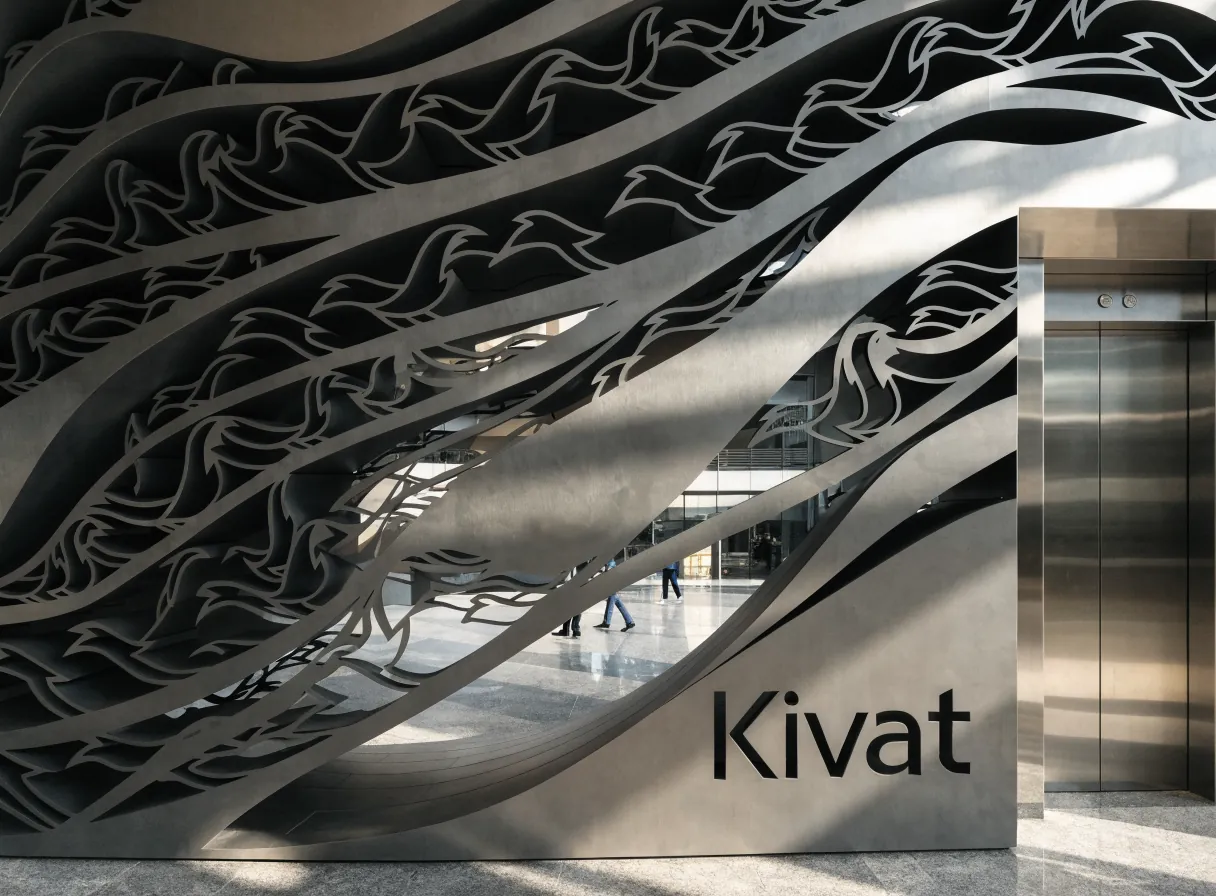 muro escultórico de acero cortado a láser en olas con el logo Kivat en el lobby de un corporativo