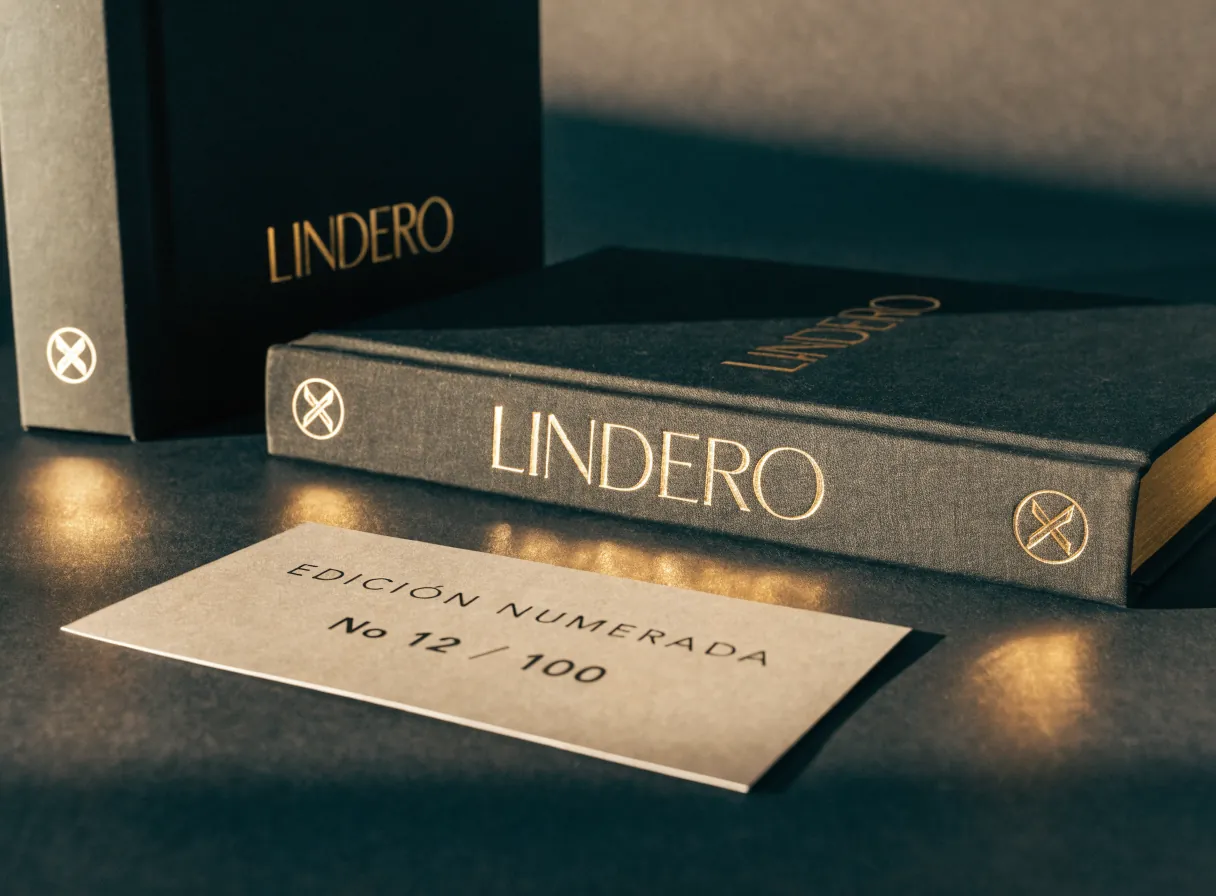 libro entelado LINDERO con canto dorado y una tarjeta de edición numerada No 12 de 100