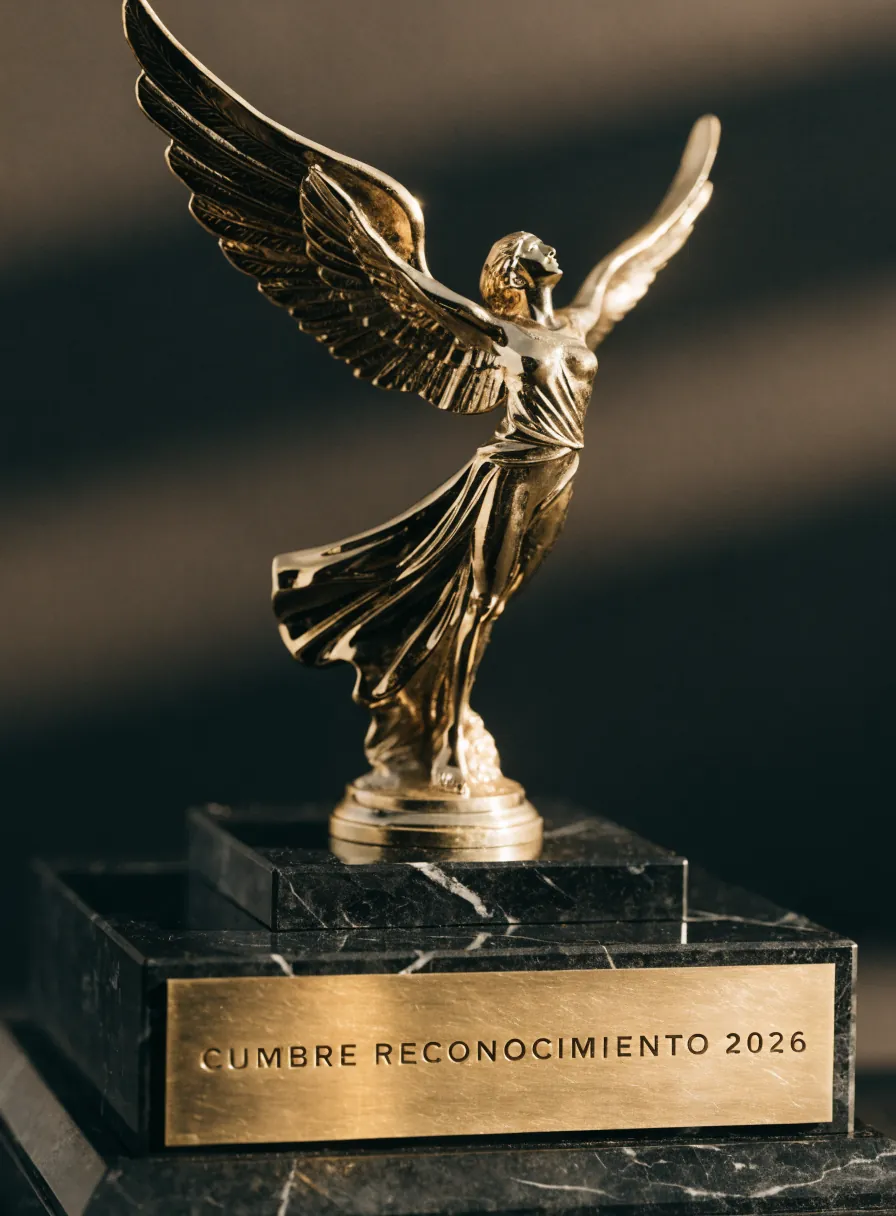 estatuilla dorada de victoria alada sobre base de mármol negro con placa de latón grabada CUMBRE reconocimiento 2026