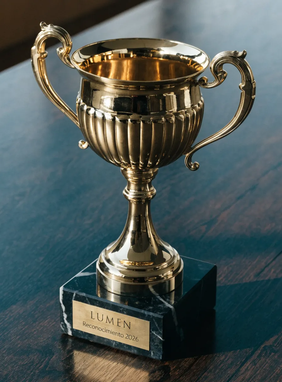copa dorada de reconocimiento sobre base de mármol negro con placa de latón grabada LUMEN Reconocimiento 2026