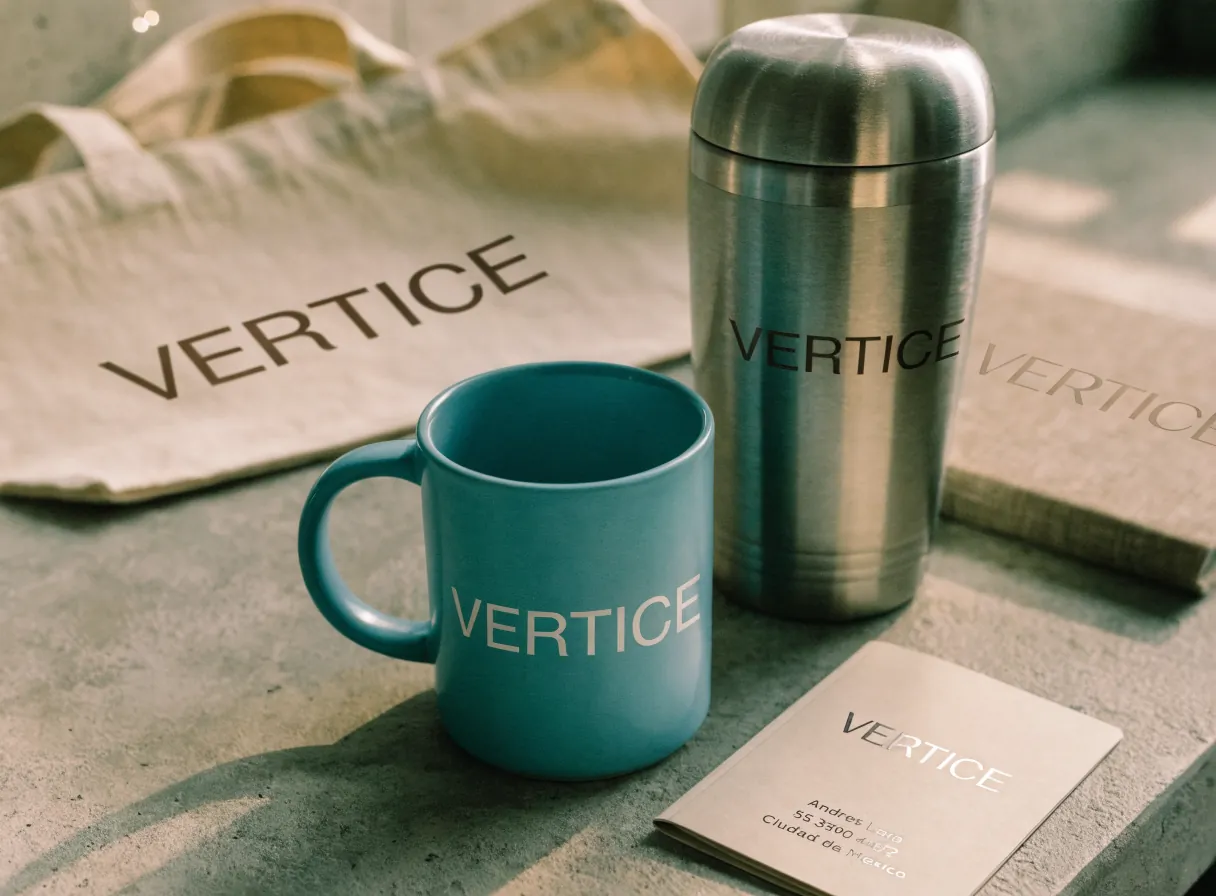 taza de cerámica teal, termo de acero y tote de lona con la marca VERTICE, un set de regalo corporativo