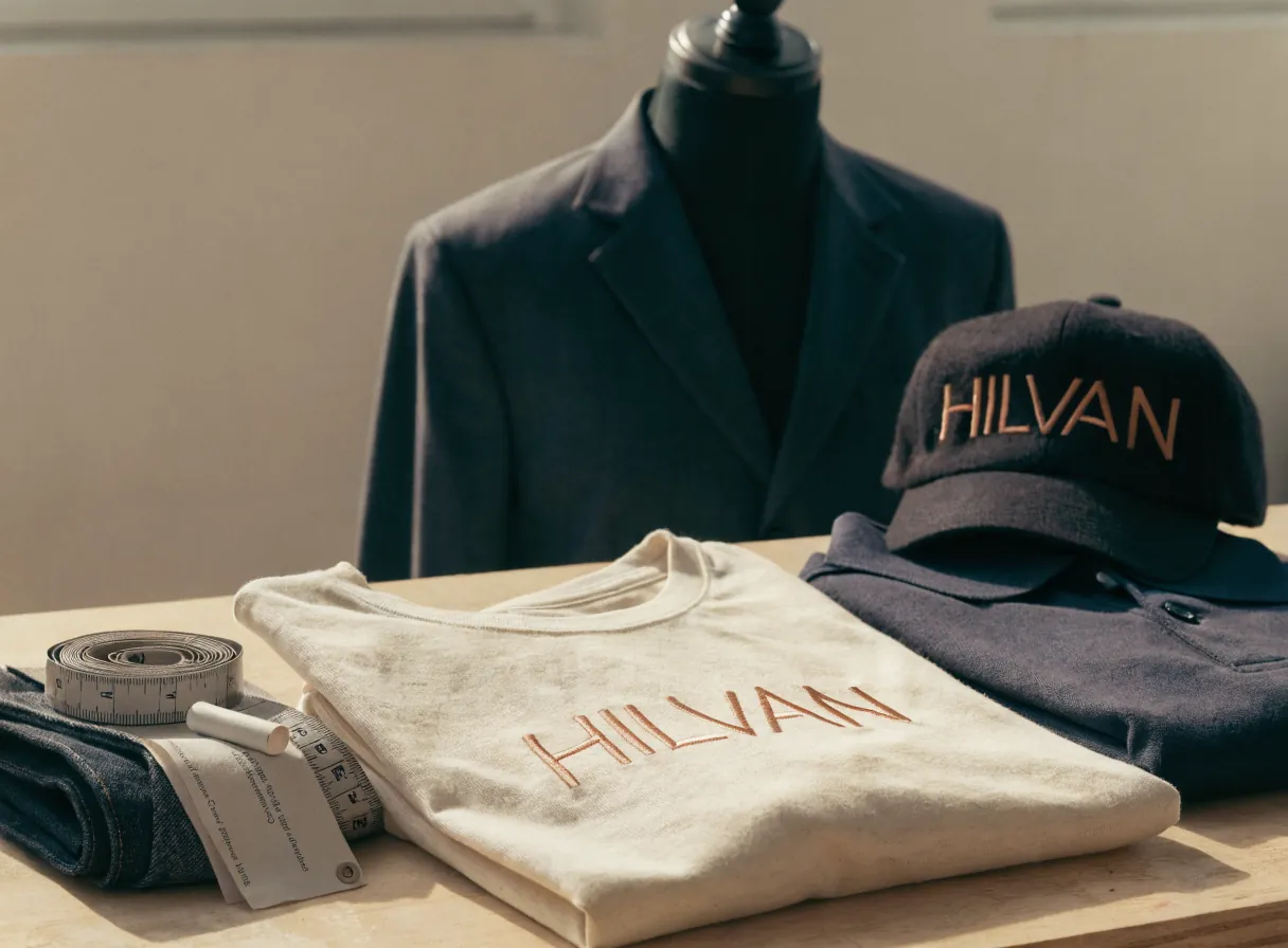 saco sastre azul marino en busto, playera crema y gorra con la marca HILVAN bordada en hilo cobre, un uniforme de autor