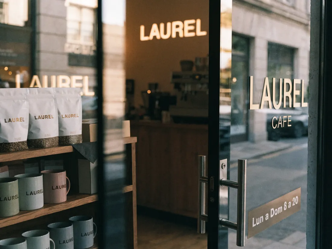 fachada de la cafetería LAUREL con letras doradas, la puerta rotulada y una repisa con bolsas de café de la casa