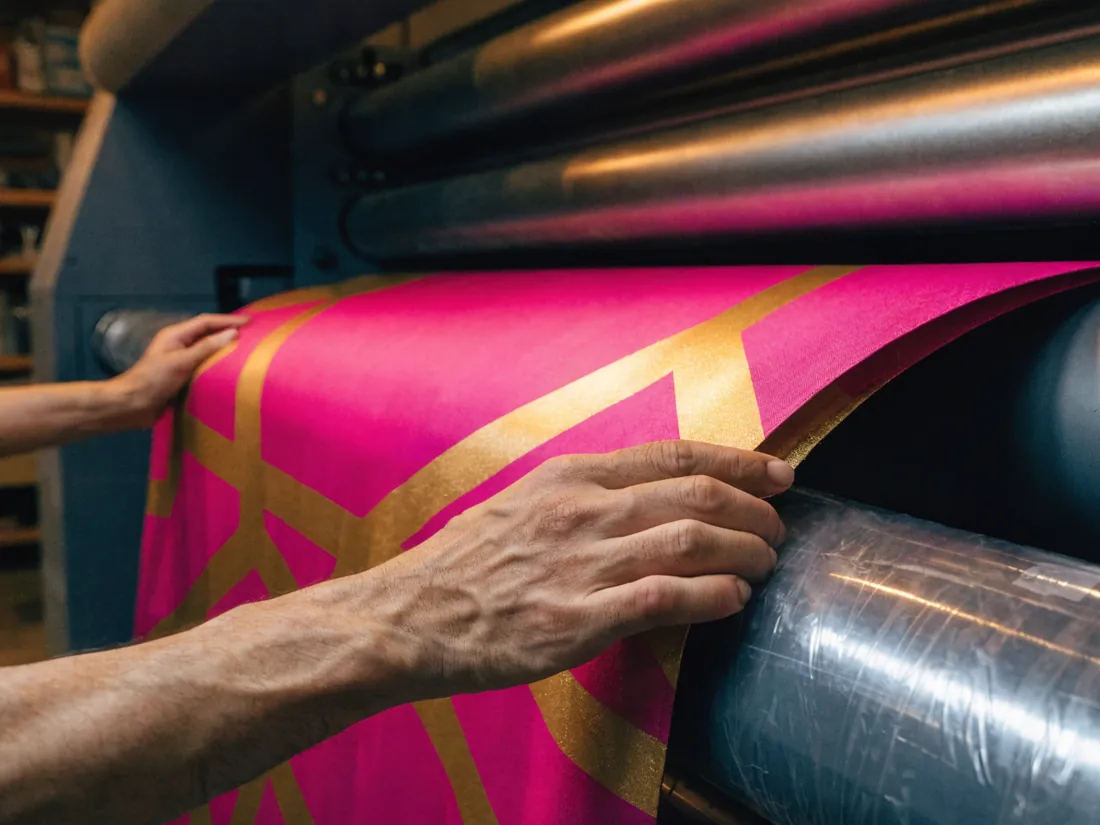 manos desenrollando una lona de gran formato recién impresa con patrón geométrico magenta y oro en el taller