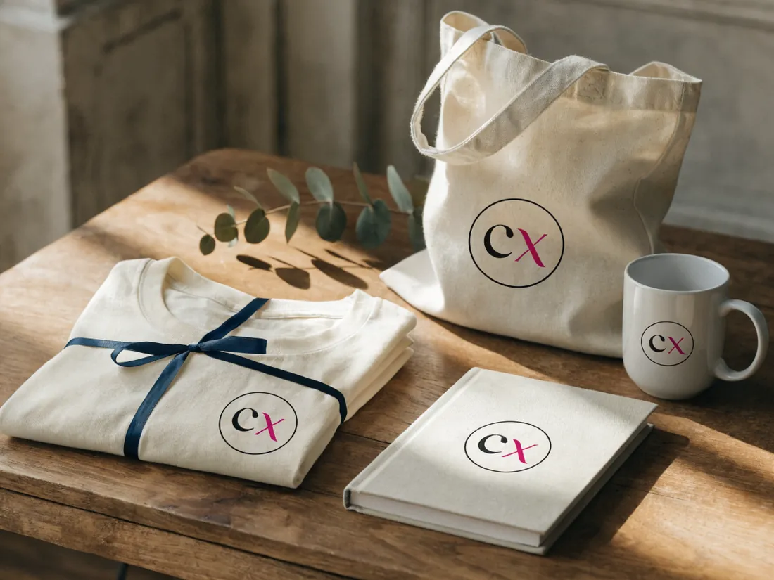 playeras, libreta, tote y taza con el sello cx de imprecxo, así firmamos nuestro propio merch