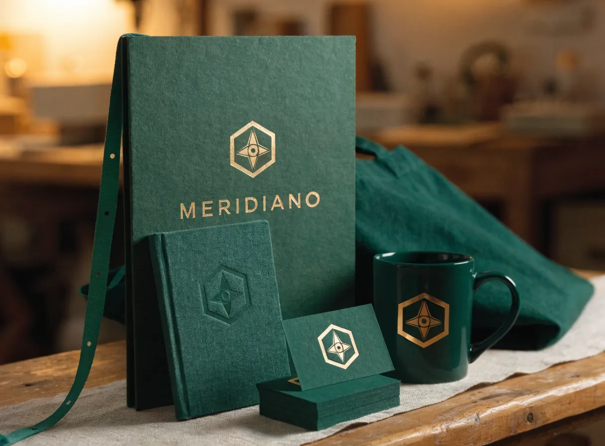 sistema de identidad de marca MERIDIANO parado sobre un banco de madera, folder de canto, taza, libreta, tarjetas y tote en foil oro sobre verde bosque